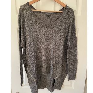 Heathered gray v-neck sweater with zipper detail